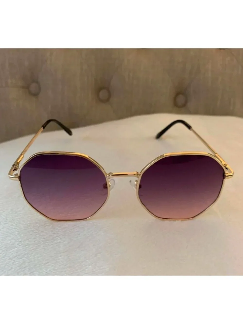 Unisex Octagonal Gold Metal Frame Gradient Purple Lens Sunglasses